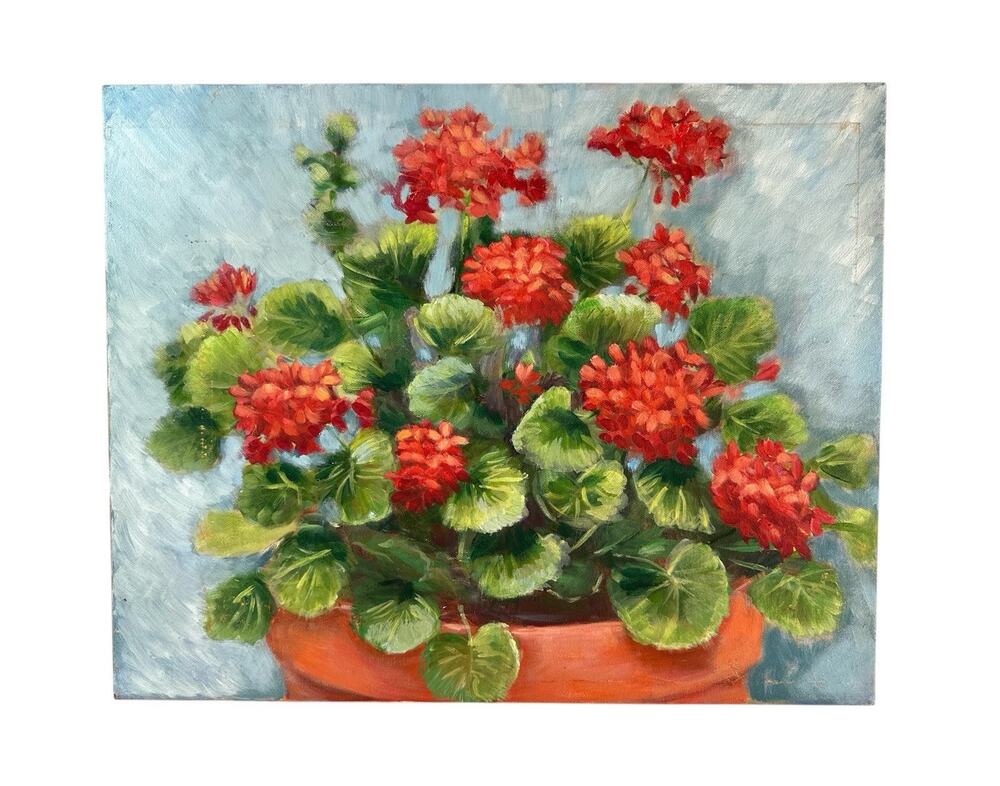 Vintage Original Oil Painting Red Geraniums Floral Still Life on Canvas 20x16